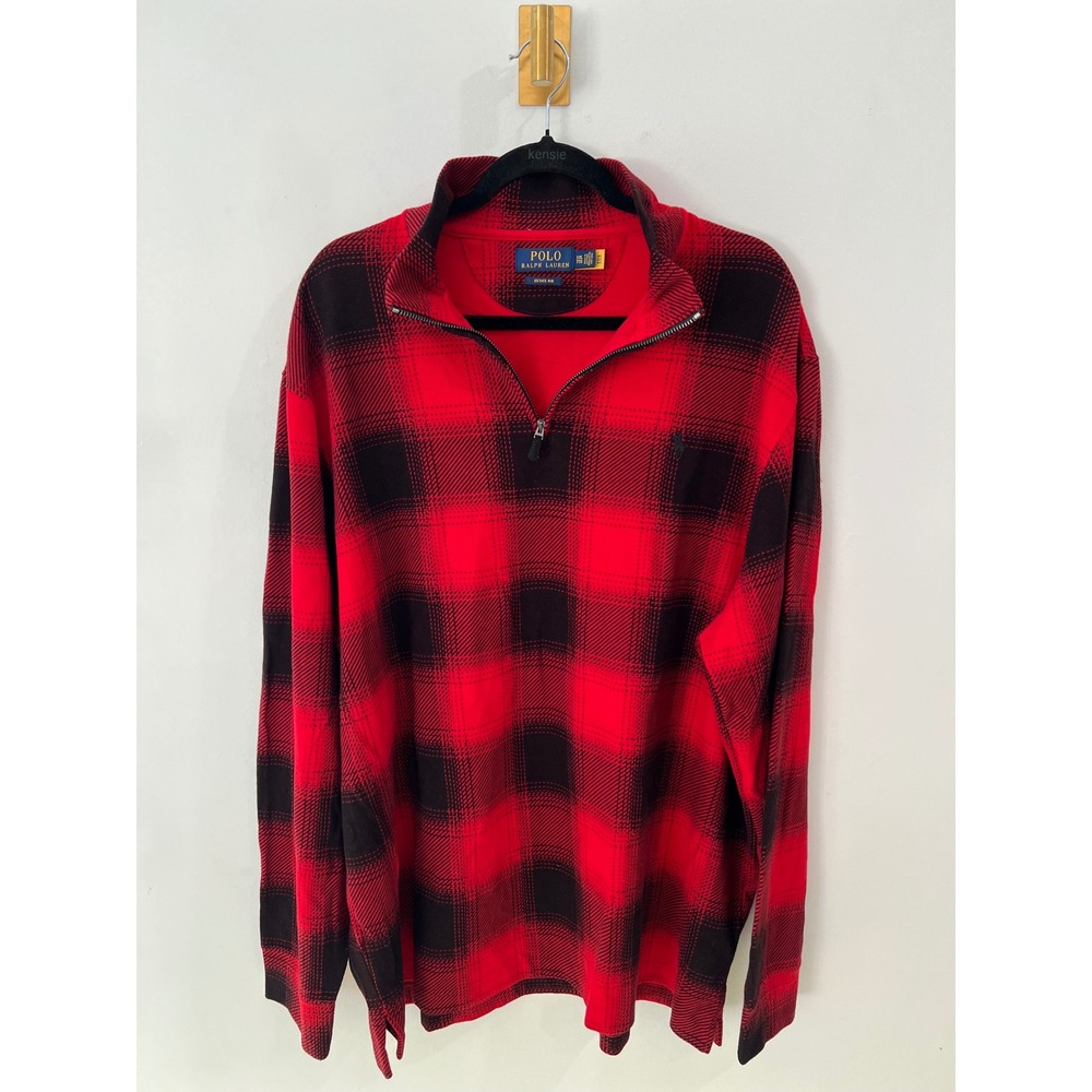 Polo Ralph Lauren Pullover Estate Rib Buffalo Plaid Quarter Zip Red Black XXL